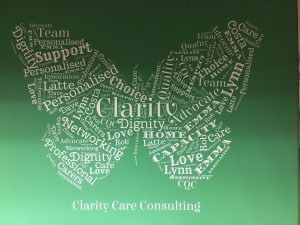 Clarity Care COnsulting Word CLoud in thr shape of a butterfly. Words include Care, dignity, advocate, carers, professional