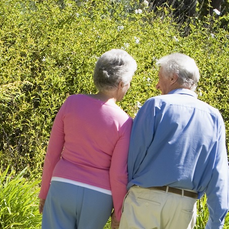 Elderly couple in garden holding hands - used by Clarity Care Consulting to Ongoing Support Service